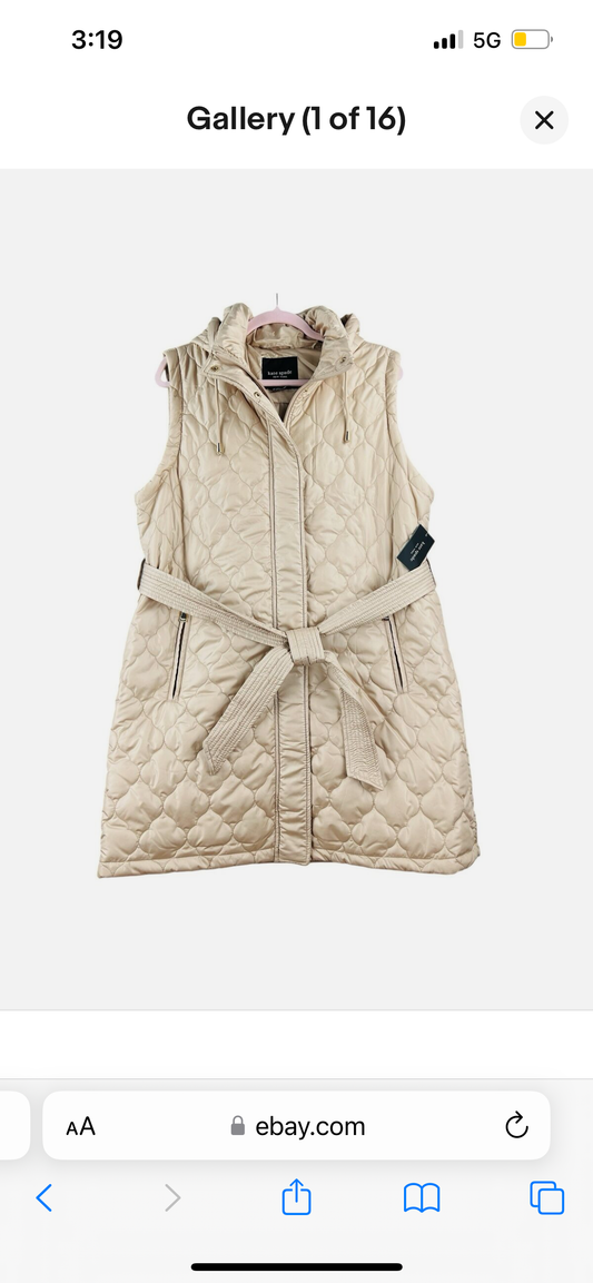 Kate Spade New York Long Vest Women’s L Size Soft Clay Puffer Tie Quilted Hooded