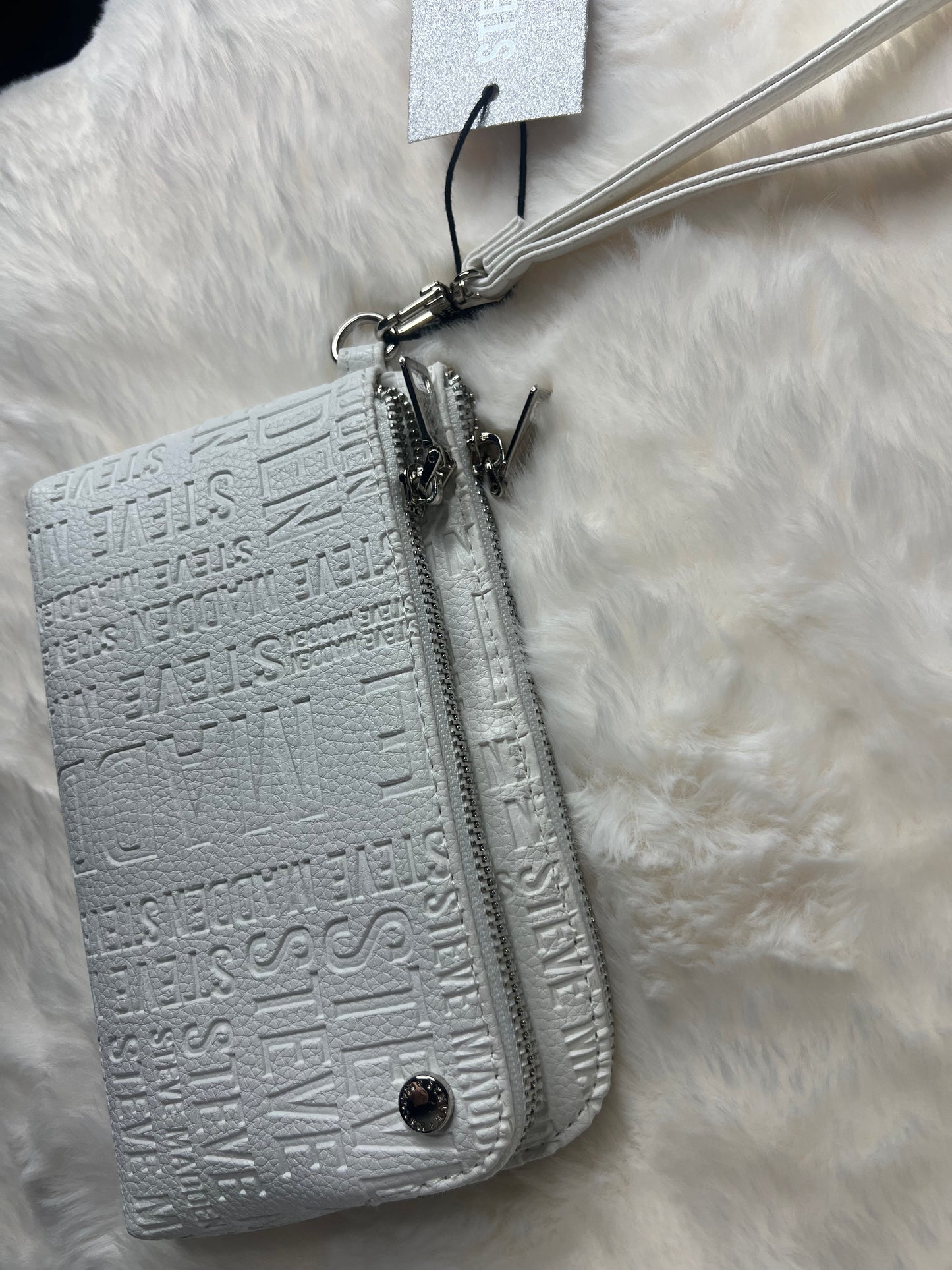 Steve Madden Wallet Stamped Logo Silver Zip Around Organizer Wristlet Nice